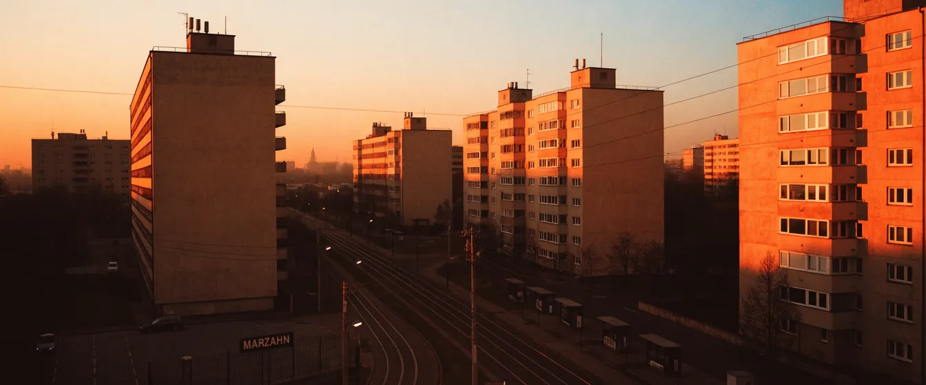 Plattenbauten in Berlin-Marzahn im Abendlicht, im Vordergrund das Straßenbahnschild „Marzahn“